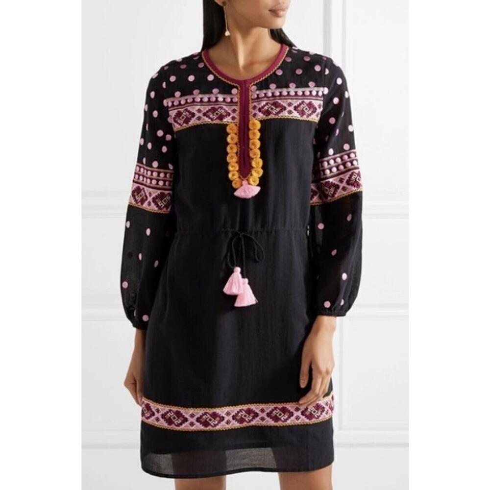 Figue Black Embroidered Boho Dress Medium 100% Cotton Tassel Tunic Made in India